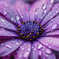 A close up look of purple flower and water drop