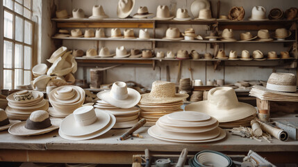 Pictures of the craftsman's workshop, steps in hat production - obrazy, fototapety, plakaty