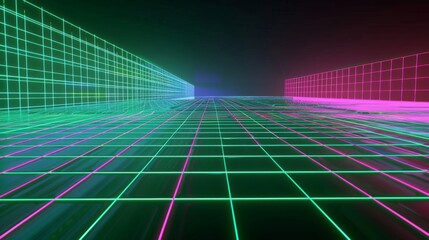 Futuristic Neon Grid Landscape in Virtual Reality Space