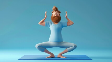 Funny bearded man do yoga exercises on matt. 3d character isolated on blue background
