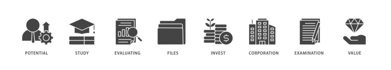 Due diligence icons set collection illustration of potential, study, evaluating, files, invest, corporation, examination and value icon live stroke and easy to edit 