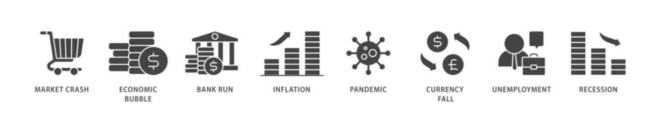 Economic crisis icons set collection illustration of recession, unemployment, inflation, currency fall, pandemic, bank run icon live stroke and easy to edit 