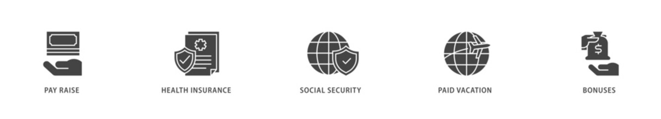 Employee benefits icons set collection illustration of pay raise, health insurance, social security, paid vacation and bonuses icon live stroke and easy to edit 