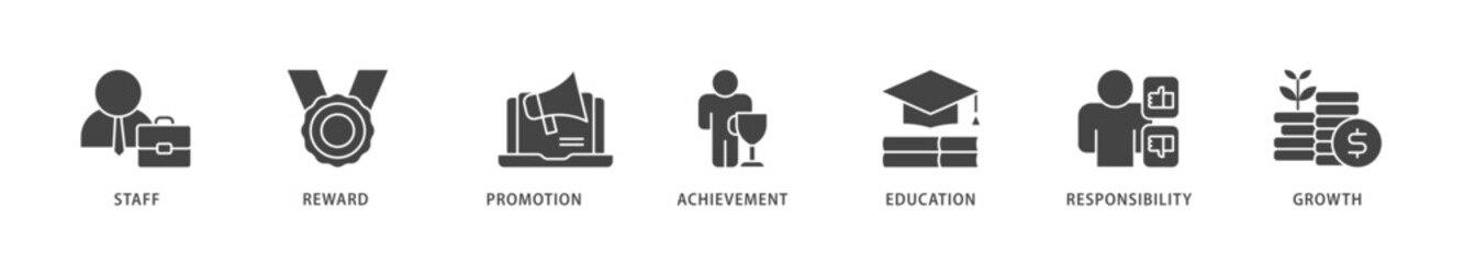 Employee motivation icons set collection illustration of staff, reward, promotion, achievement, education, responsibility and growth icon live stroke and easy to edit  - obrazy, fototapety, plakaty