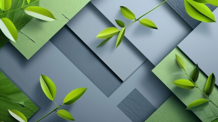 Fresh Green Leaves on Abstract Blue and Gray Geometric Background - obrazy, fototapety, plakaty