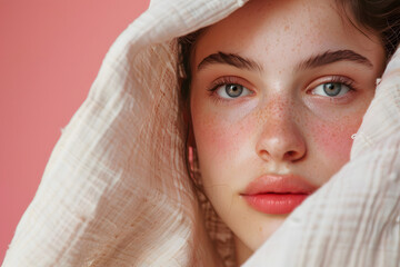 A close-up beauty shot of a model, the texture of the fabric in focus, against a blush pink background - obrazy, fototapety, plakaty