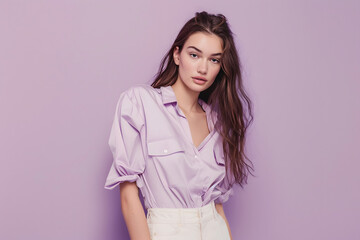 A fashion model presenting a casual chic ensemble, her natural elegance emphasized by the soft contours of the clothing, set against a pastel lavender background - obrazy, fototapety, plakaty