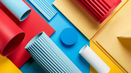 Vibrant Geometric Shapes and Paper Rolls Arrangement on Colored Background - obrazy, fototapety, plakaty