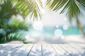 beautiful beach with white sand and palm trees. The water is crystal clear and the sun is shining. There is a wooden table in the foreground. - obrazy, fototapety, plakaty