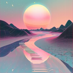 surreal landscape with a large pink sun setting over a mountain range - obrazy, fototapety, plakaty