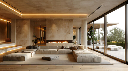 fabric sofa with many pillows against the arched window. Scandinavian farmhouse style home interior design of modern living room.