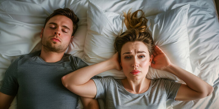 Pareja de hombre y mujer tumbados en la cama el durmiendo, ella tap&aacute;ndose los o&iacute;dos con las manos y  sufriendo insomnio por los ronquidos de su pareja
