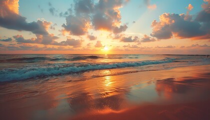 Panoramic tropical beach sunset  tranquil seascape with golden sky and calm sand