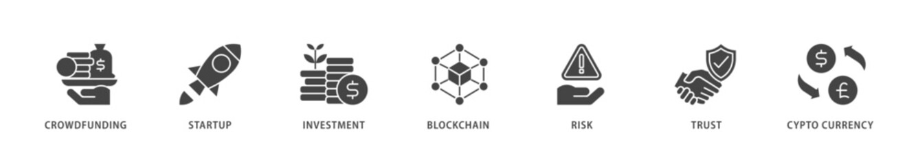 ICO icons set collection illustration of crowdfunding, startup, investment, blockchain, risk, trust and cypto currency icon live stroke and easy to edit 