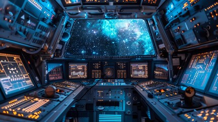 Fototapeta premium Astronaut robot at control panel starry cosmos reflection