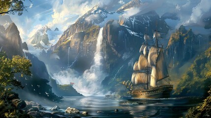 Obraz premium Vintage pirate sailing ship, waterfall and mountains. Fantasy theme wallpaper.