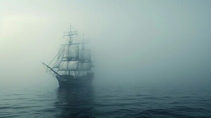 Sailing ship in sea water in heavy fog.