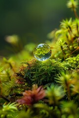 Earth in a droplet nestled in moss