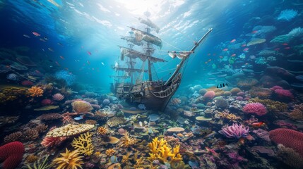 Sailing ship at bottom of sea with colorful coral reef and sea life
