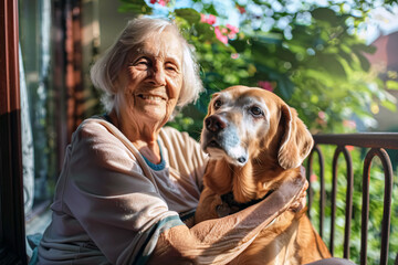 Elderly woman with her dog sitting on the balcony at home
