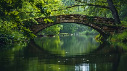 Stone bridge over calm lake lush foliage