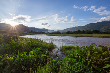 Landscape, river, mountains, sunset Two banks of the meadow river green plant, big leaf taro tree Clear evening sky in rural Thailand