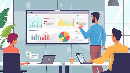 Conference Business Meeting Presentation: CEO Businessman Shows Data to Group of Investors, Businesss people. Projector Screen Shows Graphs, Product Sales, Revenue Growth Strategy, e-Commerce Analysis