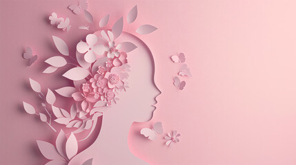 Paper cut of a female head with flowers and butterflies. 3d rendering. Mother's day celebration card.