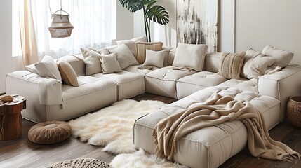 A cozy seating area with a sectional sofa, plush throw pillows, and a faux fur rug.