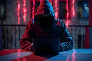 A photo of an incognito person in a hooded sweatshirt working on a tablet in a dimly lit café with neon red lighting in the background, exuding a secretive cyber vibe - Powered by Adobe