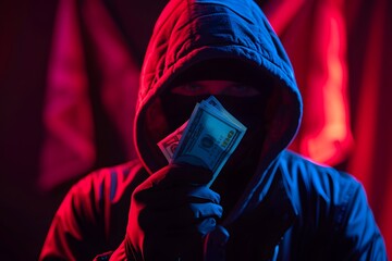 A photo of a masked individual in a hooded jacket, holding a fan of hundred-dollar bills, with a sinister red light casting dramatic shadows, conveying themes of illicit gain
