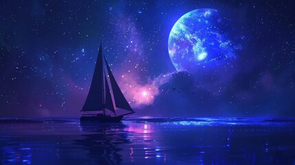 Sailing ship in sea water with giant moon.