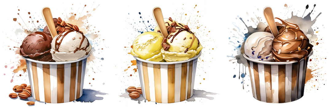 Three cups of ice cream with different flavors and toppings, including chocolate, vanilla, and lemon. Wooden spoons are inserted into the scoops