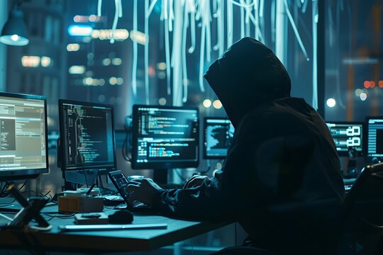 A person in a hooded jacket immersed in work with multiple computer screens displaying code, in a room with a view of the city at night, suggesting a hacker or programmer deeply focused on their task