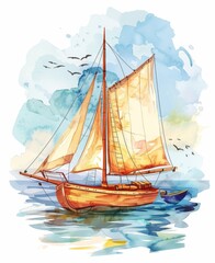 Watercolor painting of sailing boat.