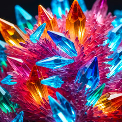 Cluster of colorful fantasy glowing crystals, close-up abstract bright multicolor background