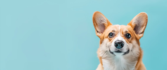 Portrait of corgi dog set on blue background. Minimalistic pet wallpaper.