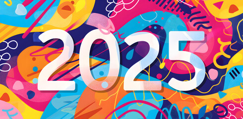 Fototapeta premium A colorful background with the number 2025 in white. The background is full of different colors and shapes, giving it a lively and energetic feel. Generative AI