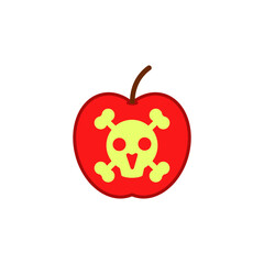 Apple with a skull and bones inside. Poison apple and fruit. The sign of poisoned, unfit food. Isolated vector on white background.