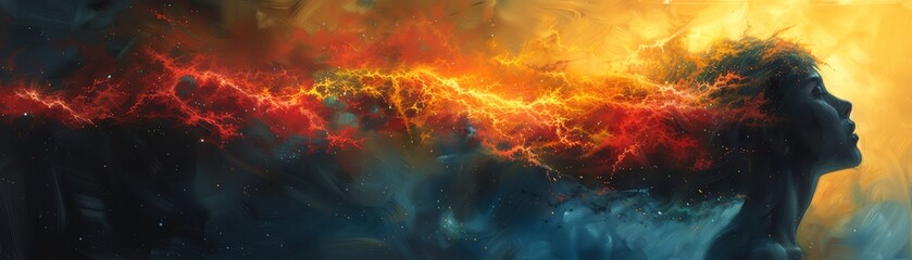 Obraz premium A woman's face is dissolving into space. Her hair is made of stars and her skin is made of galaxies.