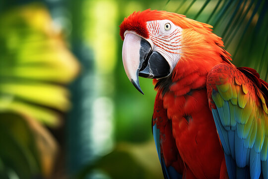 Red parrot Scarlet Macaw, Ara macao, bird sitting on the pal tree trunk. Wildlife scene from tropical forest. Beautiful parrot on green tree in nature habitat.