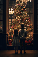 子供, 男の子, 女の子, 子供の後ろ姿, クリスマス, クリスマスツリー, デコレーション, 祝い, children, boy, girl, children's back, christmas, christmas tree, decorations, celebration