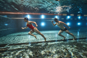 underwater, athletes swimmers, a guy and a girl pose for an advertising underwater shoot and walk...