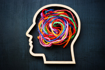 The outline of the head and a ball of colored threads as a symbol of thoughts, creativity, ideas.