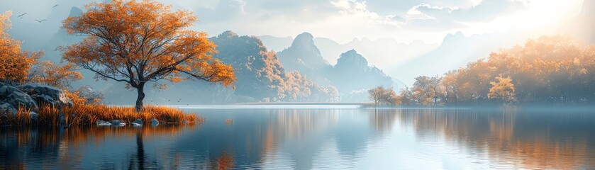 Obraz premium A beautiful lakeside landscape with a large tree in the foreground and mountains in the background