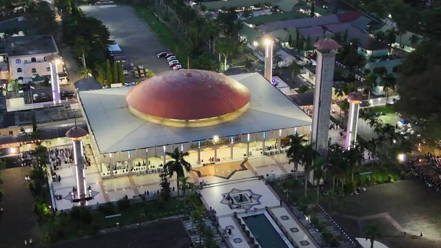 View of the Sabilal Muhtadin Grand Mosque in the city of Banjarmasin, South Kalimantan from a drone