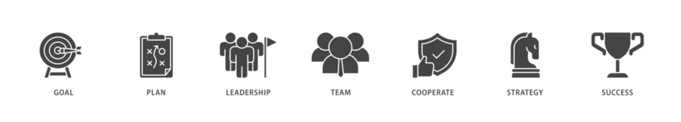 Mission icons set collection illustration of goal, plan, leadership, team, cooperate, strategy and success icon live stroke and easy to edit 