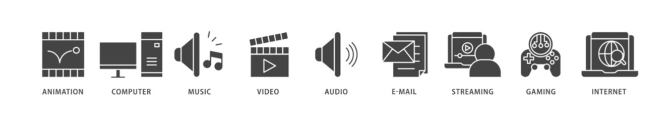 Multimedia icons set collection illustration of e mail, video, audio, internet, streaming, gaming, music, computer, animation icon live stroke and easy to edit 