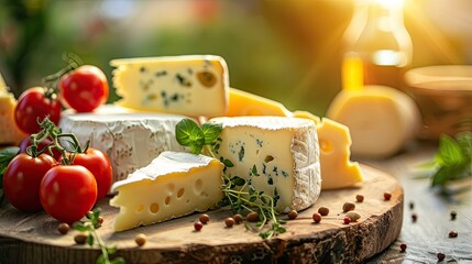 different types of cheese on the background of nature. selective focus