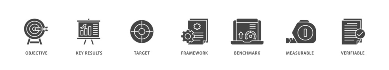 OKR icons set collection illustration of objective, key results, target, framework, benchmark, measurable, and verifiable icon live stroke and easy to edit 